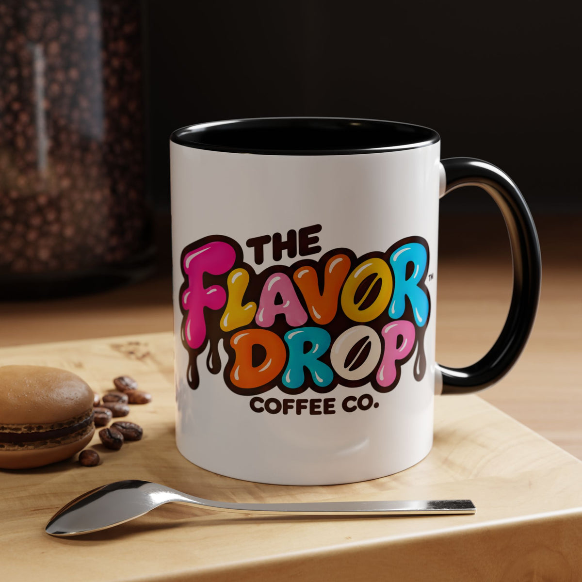Accent Coffee Mug — Colorful "The Flavor Drop" Logo Coffee Mug (11/15oz)